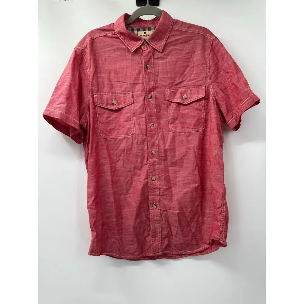 Woolrich Men's Medium Button Up Short Sleeve Shirt Red 100% Cotton Chest Pockets